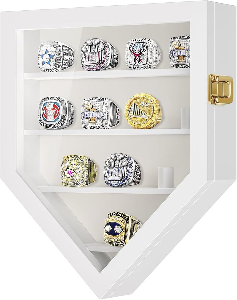 TJMOREE Championship Ring Display Case, 12 Ring Posts Baseball Ring Display Case, Wall Mount Wooden Glass Shadow Box with Locks to Show Sport, Class, Fraternity, and Award Rings - White - Image 1